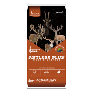 Record Rack Antlers Plus Deer Feed. 50-lb bag of deer feed.